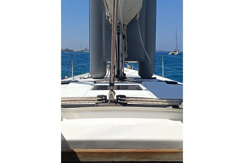  Yacht Photos Pics Dufour 430 sailboat deck view, 2020 model, sailing on clear blue waters.