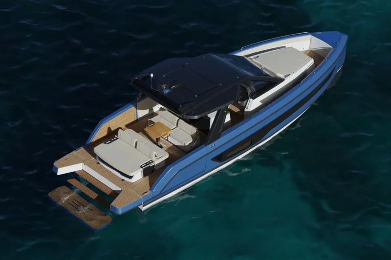  Yacht Photos Pics Schaefer V44 2026 luxury yacht on clear blue water, aerial view.