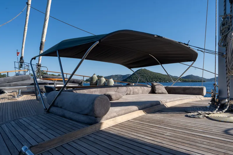 Silvermoon Yacht Photos Pics Luxurious deck of 2010 Custom Gulet Motorsailer with sun loungers and canopy.