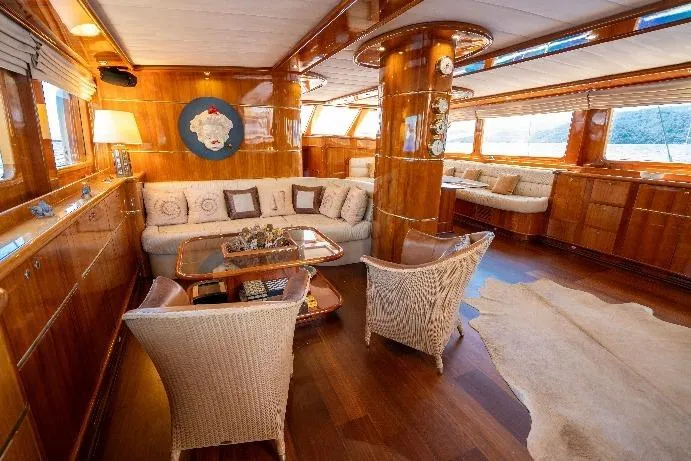 Silvermoon Yacht Photos Pics Luxurious interior of 2010 Custom Gulet Motorsailer with elegant wood finishes and comfortable seating.