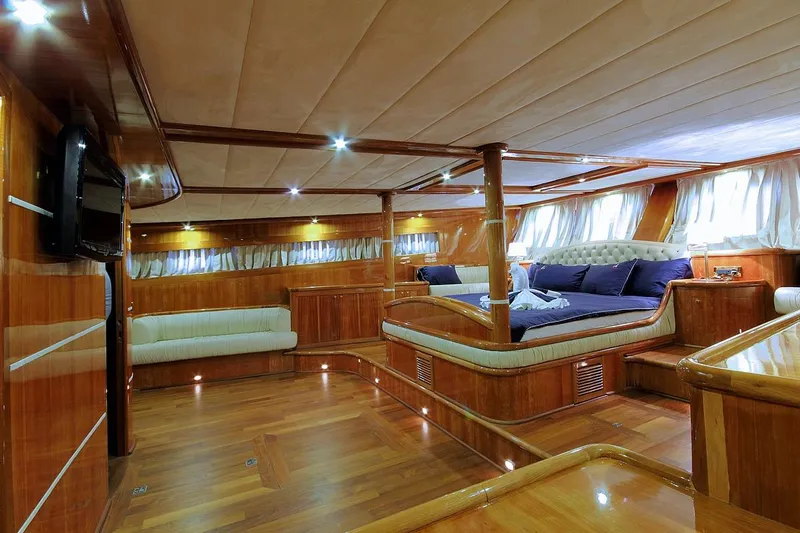 Silvermoon Yacht Photos Pics Luxurious interior of 2010 Custom Gulet Motorsailer with wood finish and elegant furnishings.