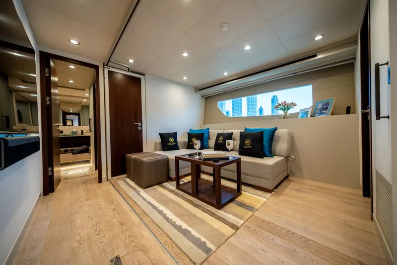  Yacht Photos Pics Luxurious interior of 2016 Numarine 105HT yacht with modern seating and decor.