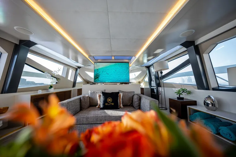  Yacht Photos Pics Luxurious interior of 2016 Numarine 105HT yacht with modern decor and panoramic windows.