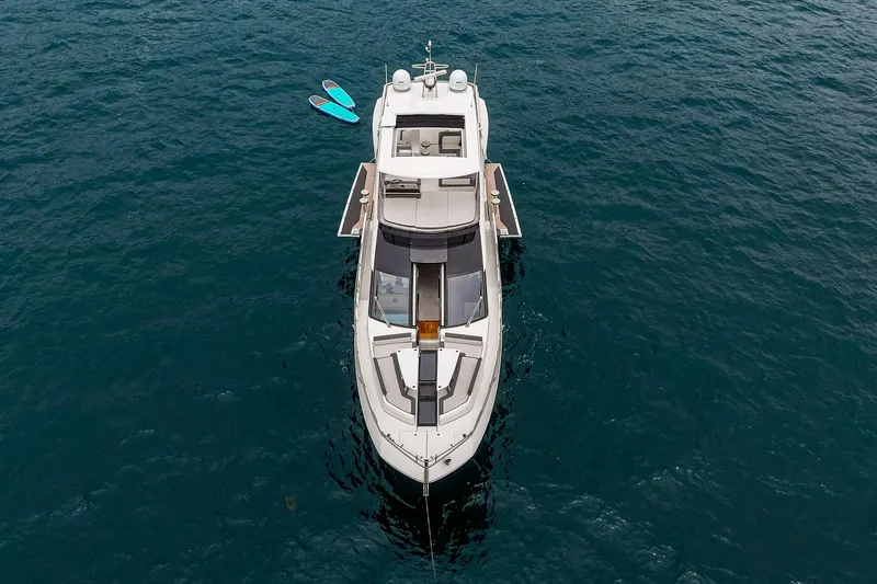  Yacht Photos Pics 2023 Galeon 640 Fly yacht on open water, aerial view.