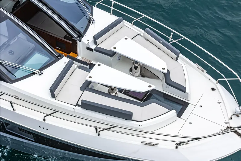  Yacht Photos Pics 2023 Galeon 640 Fly yacht with spacious deck seating and modern design.