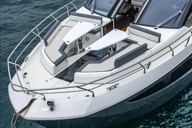  Yacht Photos Pics 2023 Galeon 640 Fly yacht with sleek design and spacious deck seating.