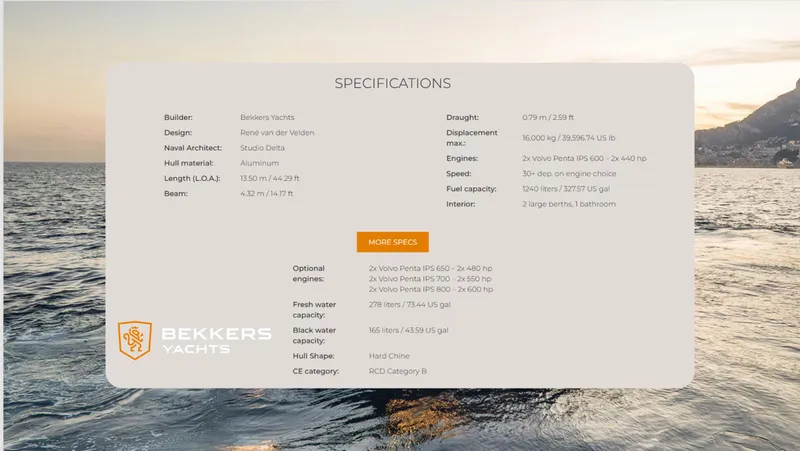  Yacht Photos Pics Bekkers Yachts AZUR 45SR 2026 specifications over ocean backdrop.