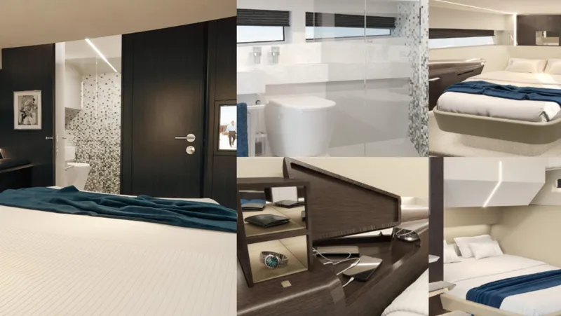  Yacht Photos Pics Luxurious interior of 2026 Bekkers Yachts AZUR 45SR, featuring modern bedroom and bathroom design.