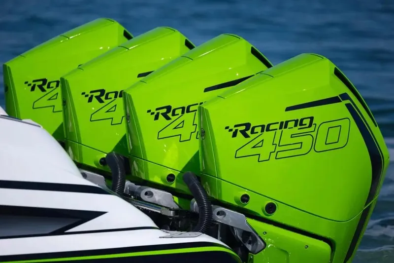  Yacht Photos Pics Bright green Racing 450 outboard engines on a 2026 Deep Impact 399 Sport boat.