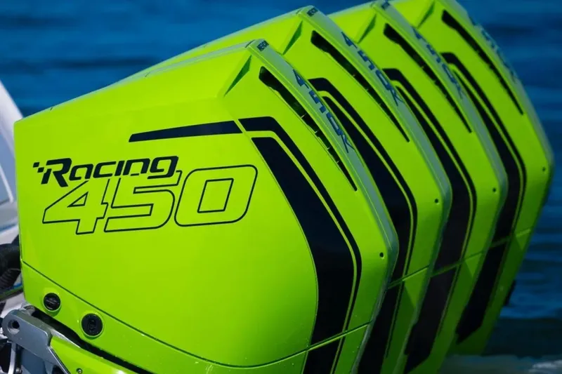  Yacht Photos Pics Bright green Racing 450 outboard engines on a 2026 Deep Impact 399 Sport boat.