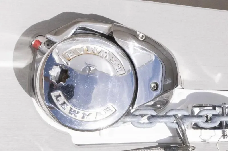 Yacht Photos Pics Chrome boat winch on a 2026 Deep Impact 399 Sport, featuring a chain mechanism.