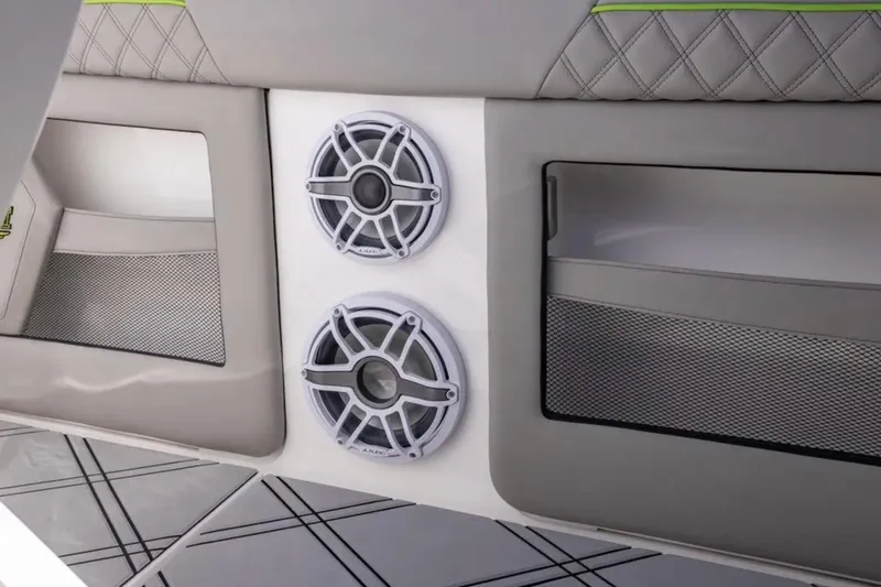  Yacht Photos Pics Interior of 2026 Deep Impact 399 Sport boat with speakers and storage compartments.