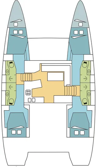 Panui Yacht Photos Pics Floor plan of a 2019 Lagoon 450S catamaran, featuring spacious cabins and living areas.
