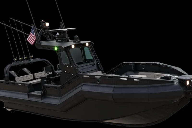  Yacht Photos Pics DGS 777 Military Version 2022 boat with American flag, advanced design, and tactical features.