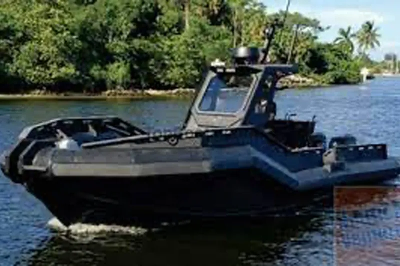  Yacht Photos Pics DGS 777 Military Version boat, 2022 model, navigating a river with lush greenery.