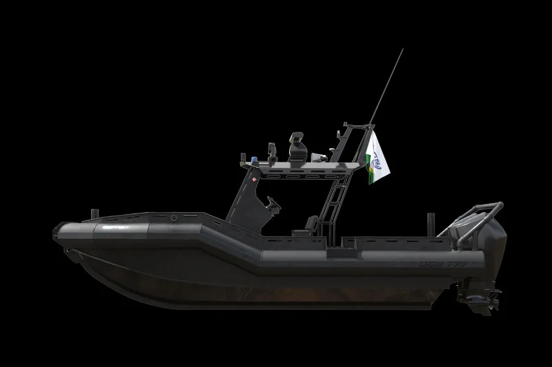  Yacht Photos Pics 2022 DGS 777 Military Version boat, side view, black background, equipped with flag and antenna.