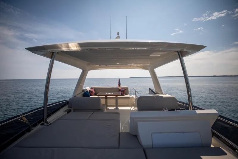  Yacht Photos Pics 2020 Prestige 590 Flybridge Cruiser on calm sea, featuring spacious deck and seating area.