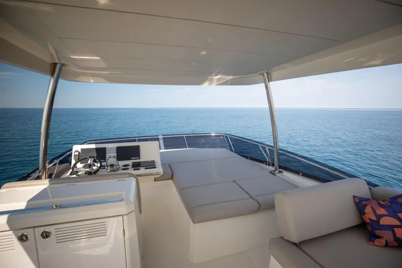  Yacht Photos Pics Flybridge view of 2020 Prestige 590 Cruiser, featuring luxurious seating and ocean backdrop.