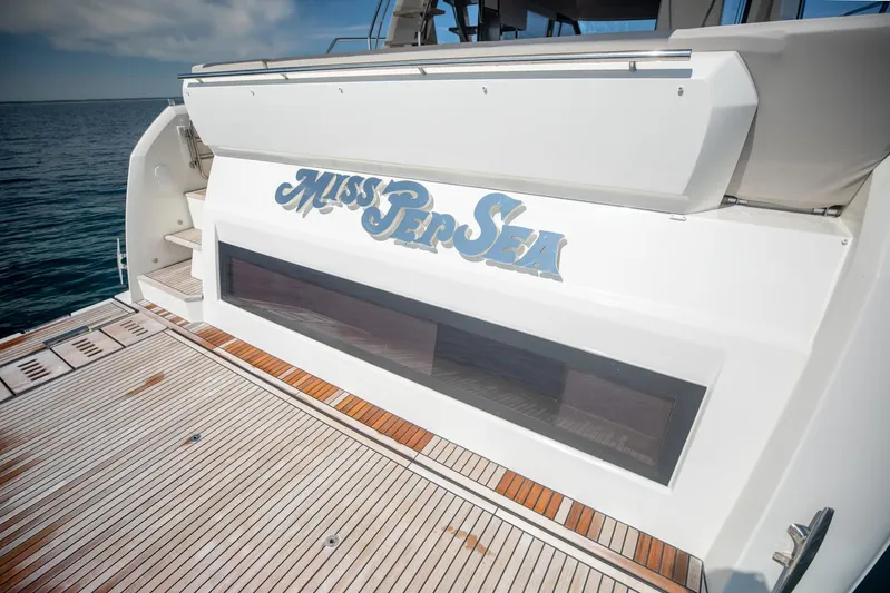  Yacht Photos Pics Prestige 590 Flybridge Cruiser 2020, rear deck view with "Miss Pep Sea" nameplate.