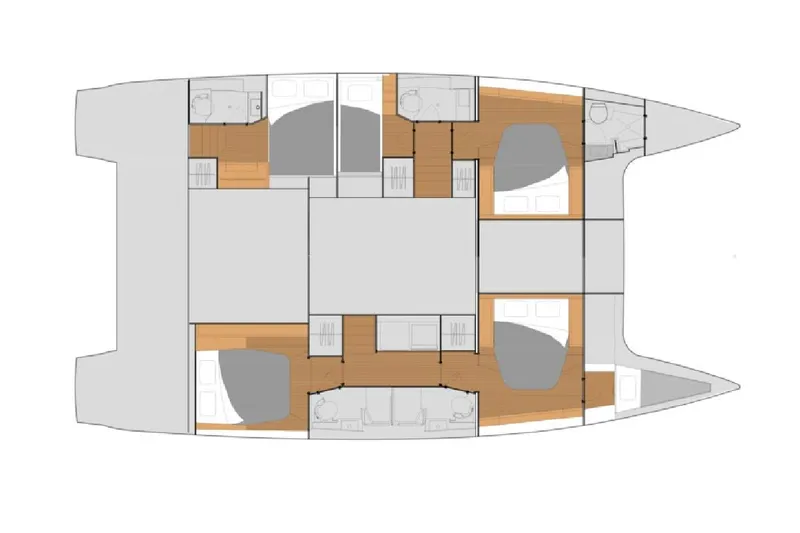  Yacht Photos Pics Floor plan of 2023 Fountaine Pajot Tanna 47 catamaran, showcasing cabin and layout design.