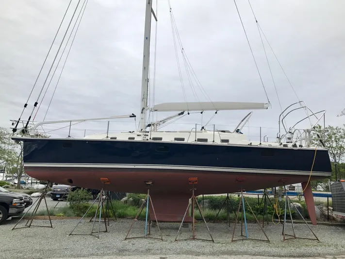 Salacia Yacht Photos Pics Sailboat on stands, Blue Jacket 40 model, 2016, with blue hull and white deck.