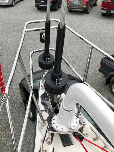 Salacia Yacht Photos Pics Sailboat deck with rigging and railing, Blue Jacket 40, 2016 model, parked cars in background.