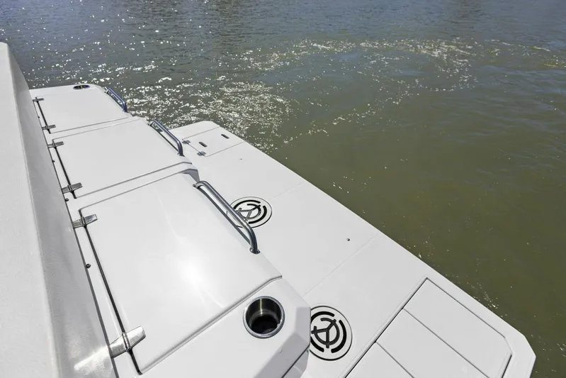 Bradventures Yacht Photos Pics 2023 Cruisers Yachts 42 Cantius swim platform on calm water.