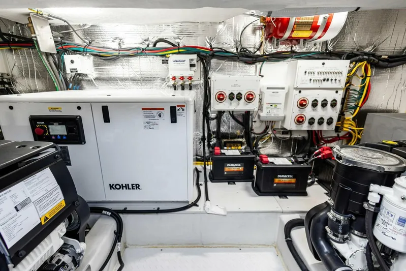 Bradventures Yacht Photos Pics Engine room of 2023 Cruisers Yachts 42 Cantius with Kohler generator and electrical systems.