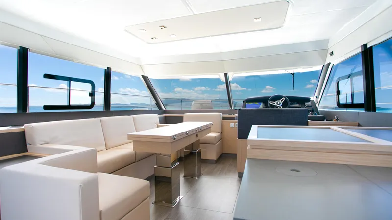Just The Tip Yacht Photos Pics Luxurious interior of 2020 Fountaine Pajot MY 40 yacht with panoramic windows.