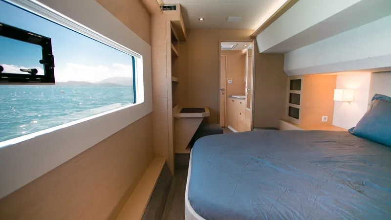 Just The Tip Yacht Photos Pics Luxurious cabin interior of 2020 Fountaine Pajot MY 40 yacht with ocean view.