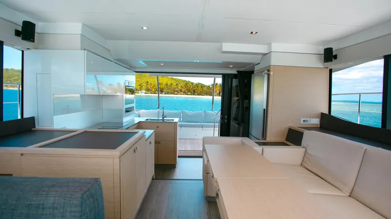 Just The Tip Yacht Photos Pics Luxurious interior of 2020 Fountaine Pajot MY 40 yacht with ocean view.
