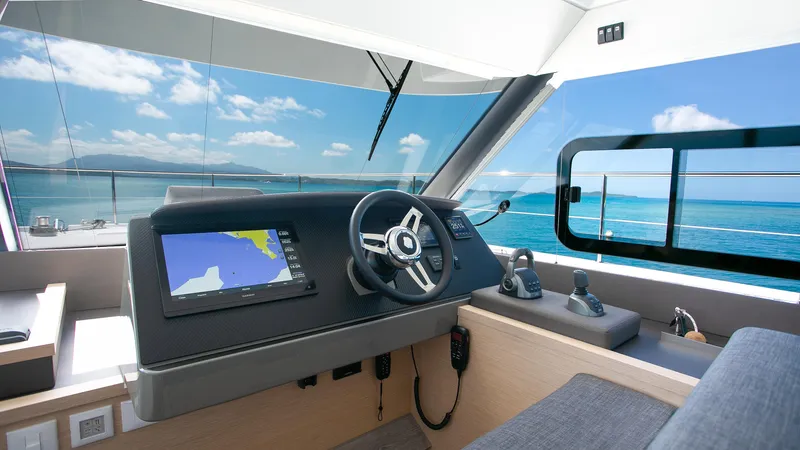 Just The Tip Yacht Photos Pics Helm of 2020 Fountaine Pajot MY 40 yacht with ocean view.