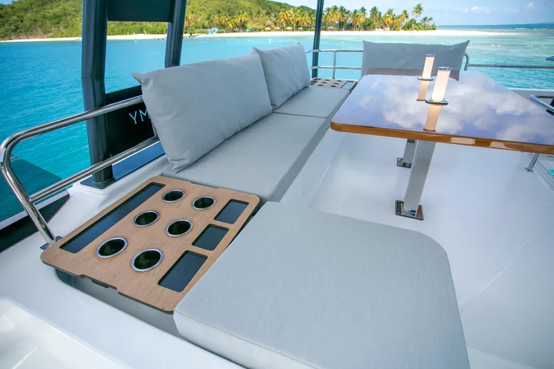 Just The Tip Yacht Photos Pics Luxurious seating area on 2020 Fountaine Pajot MY 40 yacht with ocean view.