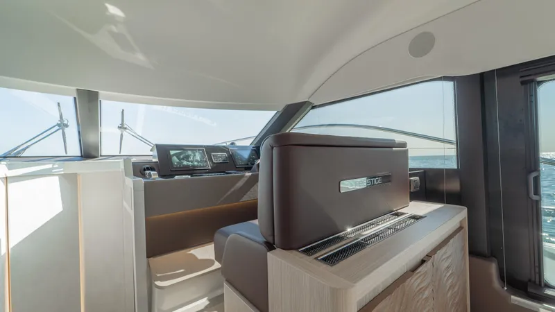  Yacht Photos Pics Interior of 2025 Prestige F4.9 yacht, featuring modern design and advanced navigation systems.