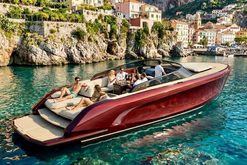  Yacht Photos Pics Luxurious Flynt Yachts Revolante 48 cruising near scenic coastal village, 2026 model.