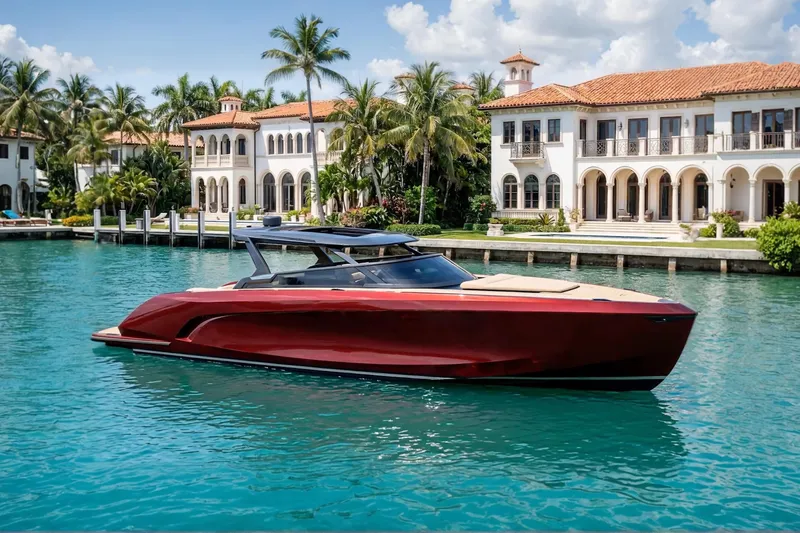  Yacht Photos Pics Luxurious 2026 Flynt Yachts Revolante 48 cruising by elegant waterfront villas.