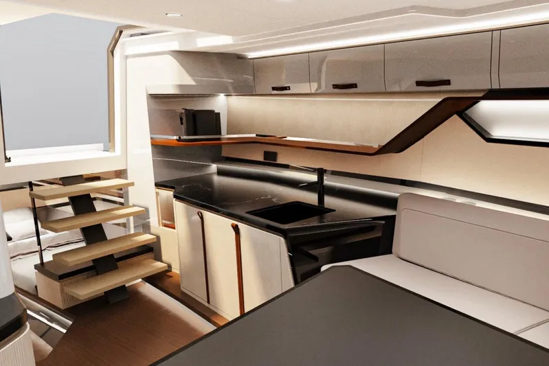  Yacht Photos Pics Luxurious interior of 2026 Flynt Yachts Revolante 48, featuring modern kitchen and seating area.