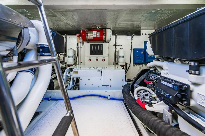Happy Daze IV Yacht Photos Pics Engine room of 2017 Tiara Yachts 53 Coupe, featuring modern equipment and fire safety system.