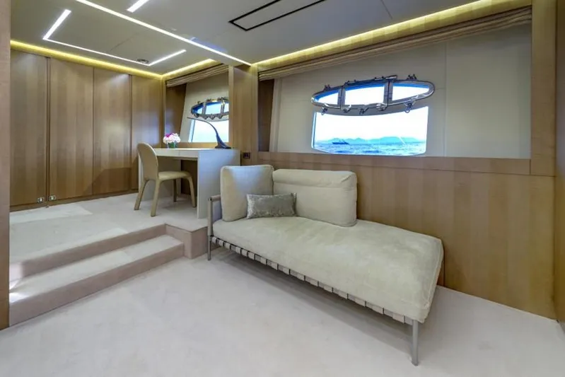 Yacht Photos Pics Luxurious interior of 2013 Pershing 108 yacht with modern seating and ocean view.