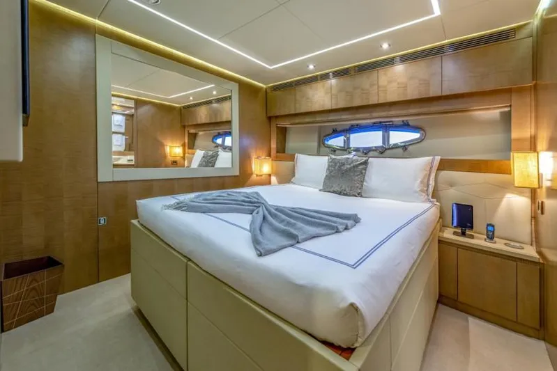  Yacht Photos Pics Luxurious bedroom interior on 2013 Pershing 108 yacht with modern design and elegant lighting.
