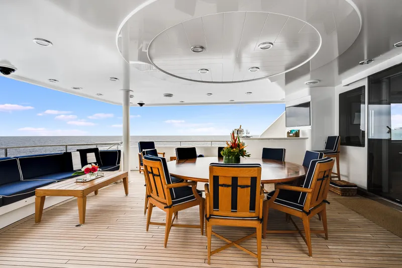 Avalina Yacht Photos Pics Luxurious 2003 Westport yacht deck with elegant seating and ocean view.