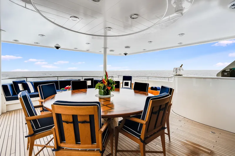 Avalina Yacht Photos Pics Luxurious 2003 Westport yacht deck with elegant dining area and ocean view.