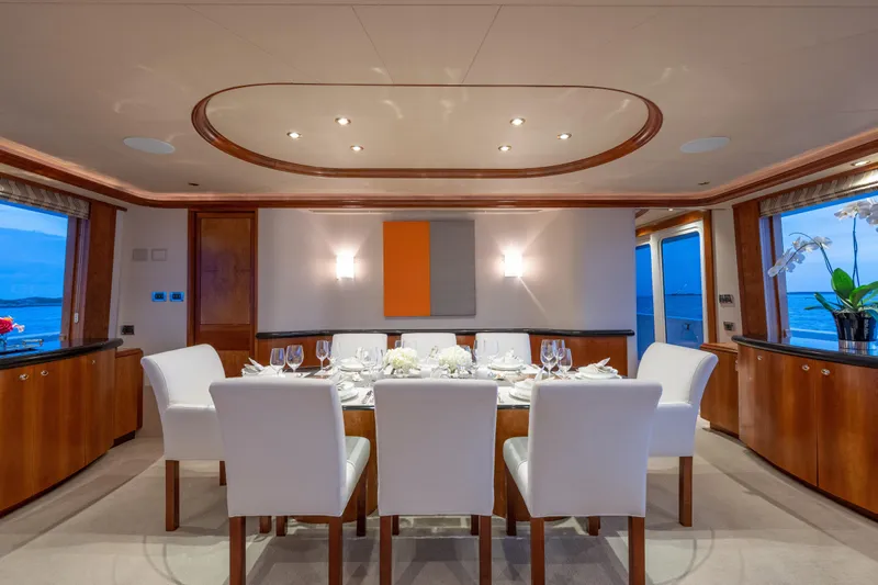 Avalina Yacht Photos Pics Luxurious dining area on 2003 Westport yacht with elegant decor and ocean views.