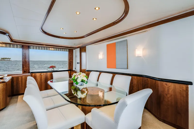 Avalina Yacht Photos Pics Luxurious dining area on 2003 Westport yacht with ocean view and elegant decor.
