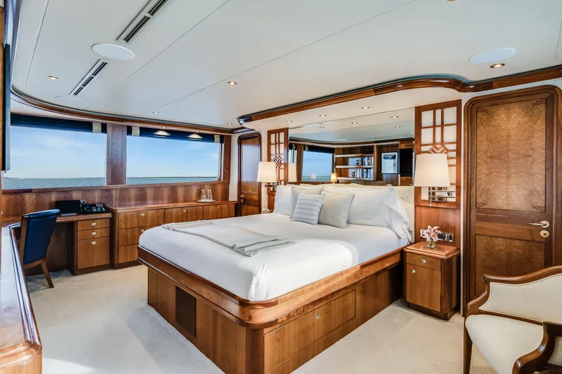 Avalina Yacht Photos Pics Luxurious 2003 Westport yacht bedroom with elegant wood furnishings and ocean view.