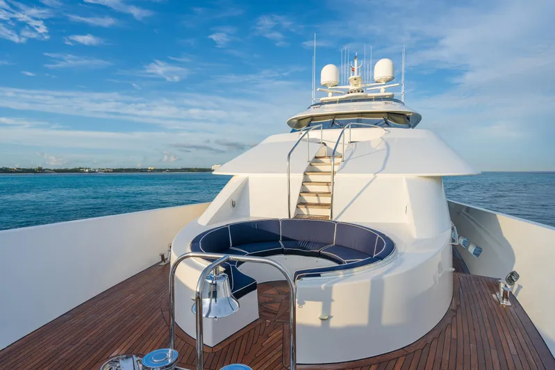 Avalina Yacht Photos Pics Luxurious 2003 Westport yacht deck with seating, overlooking serene ocean waters.