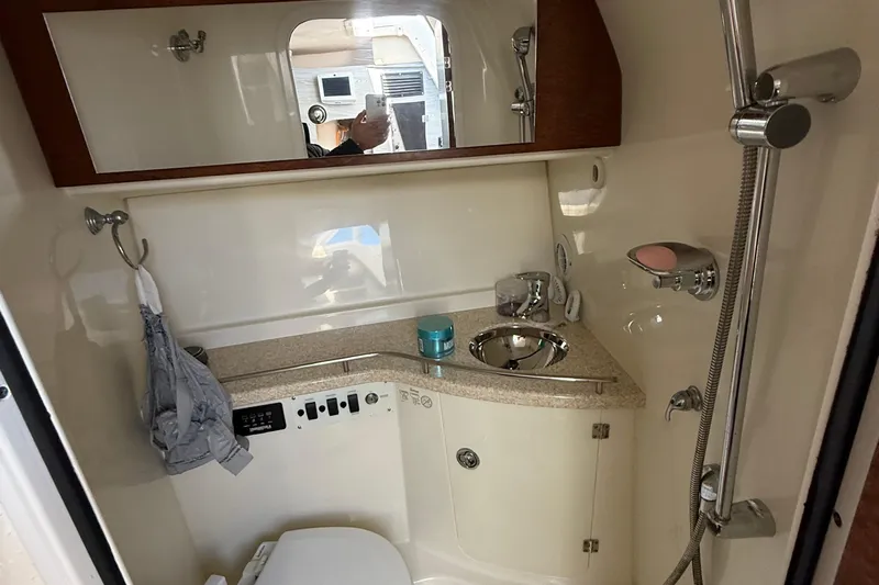  Yacht Photos Pics 2008 Hydra-Sports Vector 3500 VX boat bathroom with sink, shower, and mirror.