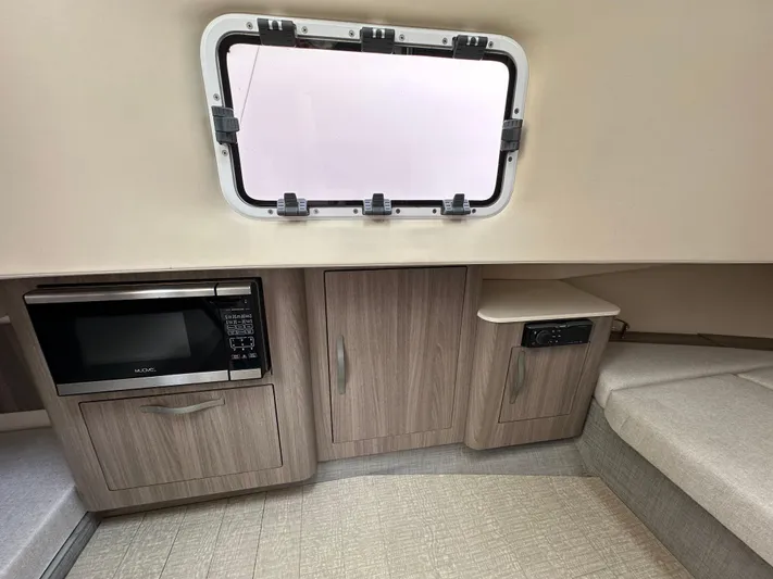 Yacht Photos Pics 2019 Regal 33 SAV interior with microwave, cabinets, and window.
