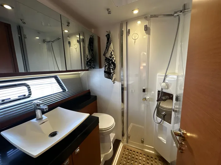  Yacht Photos Pics Luxurious bathroom in 2015 Prestige 500 S yacht with modern fixtures and shower.