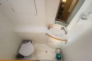 Buzio Yacht Photos Pics Compact bathroom in 2014 Lagoon 380 S2 yacht with sink and toilet.